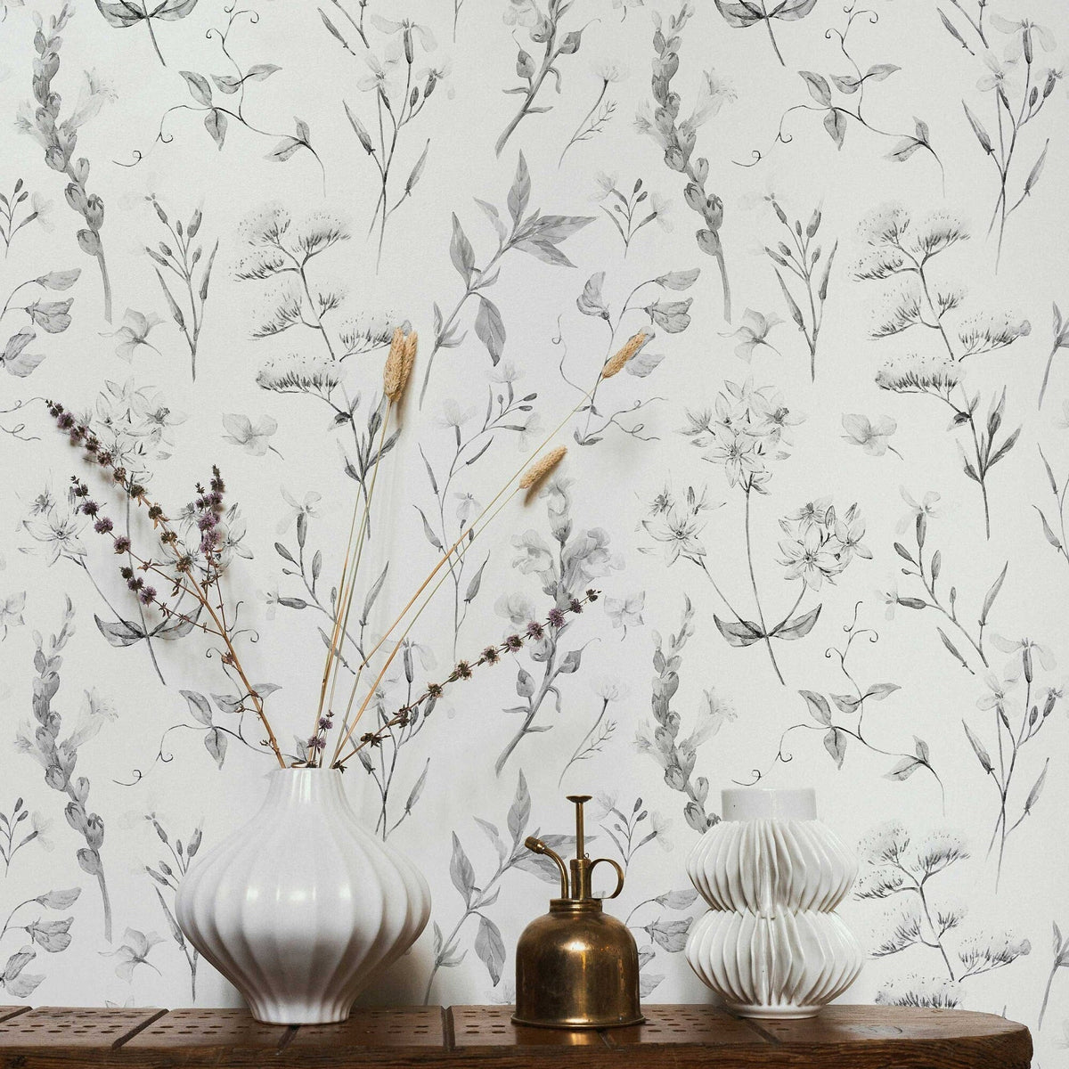 Delicate Wildflowers Wallpaper | Soft Shades of Grey Floral Pattern for All Rooms | Peel and Stick or Traditional