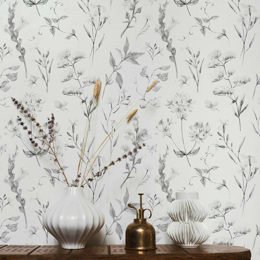 Delicate Wildflowers Wallpaper | Soft Shades of Grey Floral Pattern for All Rooms | Peel and Stick or Traditional