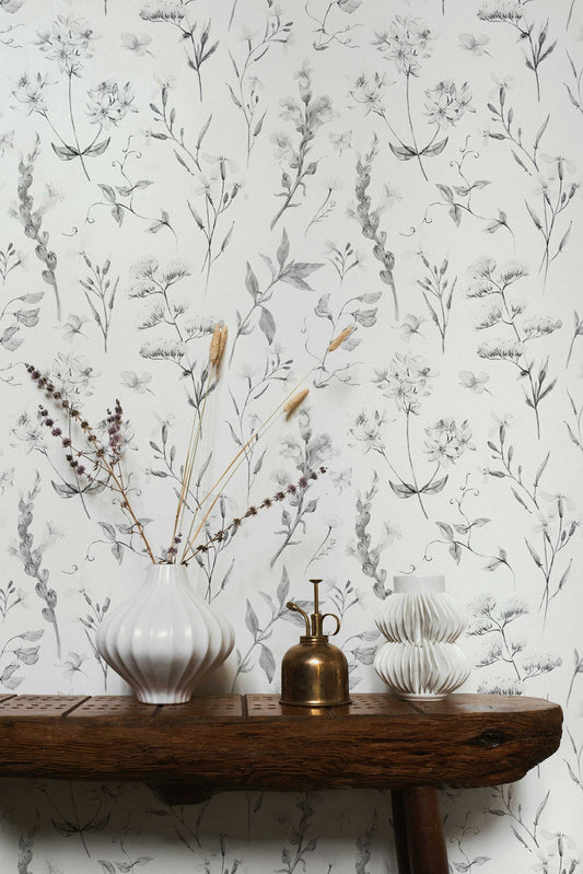 Delicate Wildflowers Wallpaper | Soft Shades of Grey Floral Pattern for All Rooms | Peel and Stick or Traditional