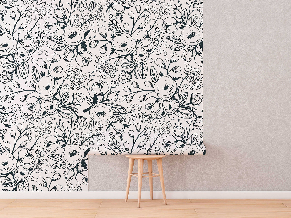 Black and White Spring Floral Wallpaper | Nursery Wall | Mural | Children Wall | Art | Meadow | Doodle | Peel and Stick or Traditional