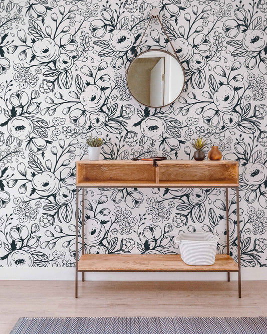 Black and White Spring Floral Wallpaper | Nursery Wall | Mural | Removable Wallpaper | Children Wall | Art | Meadow | Doddle