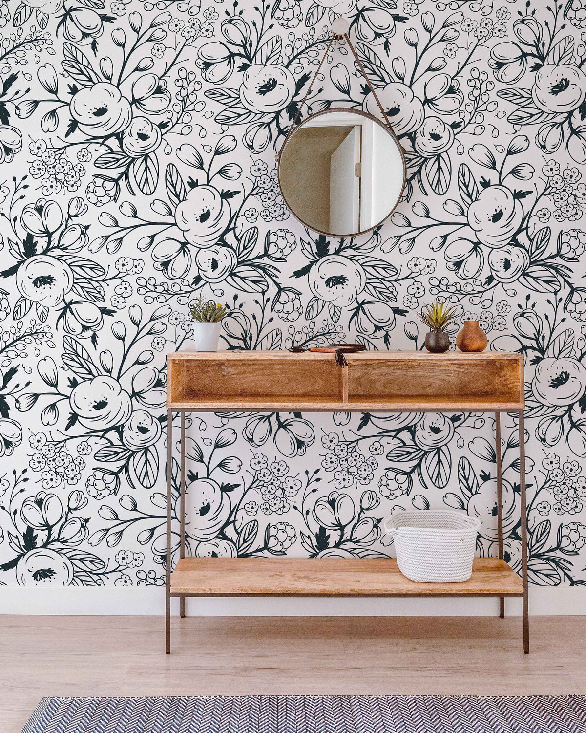 Black and White Spring Floral Wallpaper | Nursery Wall | Mural | Children Wall | Art | Meadow | Doodle | Peel and Stick or Traditional