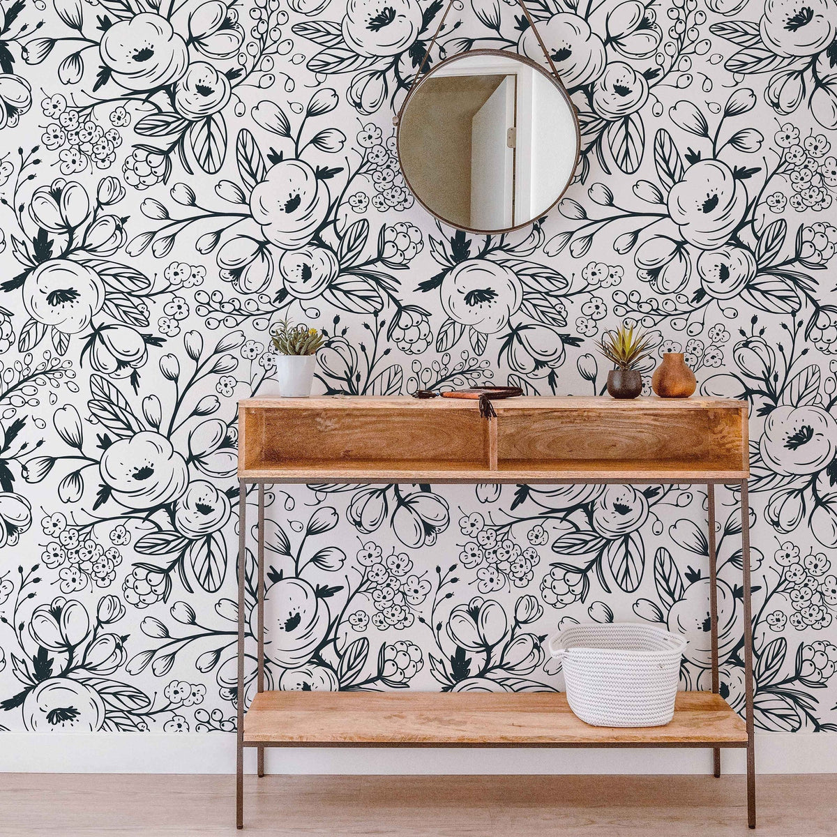 Black and White Spring Floral Wallpaper | Nursery Wall | Mural | Children Wall | Art | Meadow | Doodle | Peel and Stick or Traditional