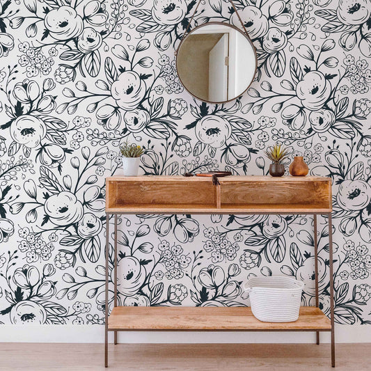 Black and White Spring Floral Wallpaper | Nursery Wall | Mural | Children Wall | Art | Meadow | Doodle | Peel and Stick or Traditional