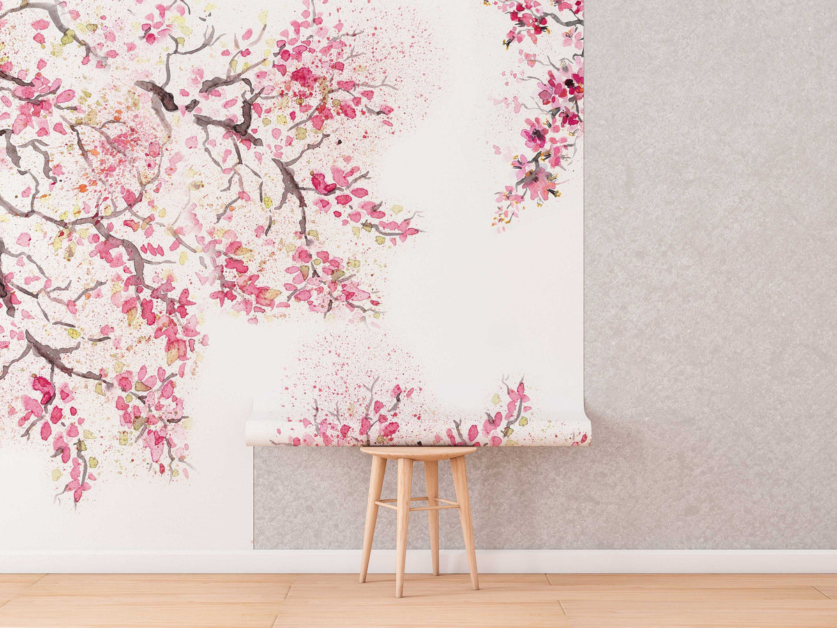 Spring Cherry Blossom Wallpaper | Watercolour Wall Mural | Floral Mural | Wall Murals | Peel and Stick or Traditional