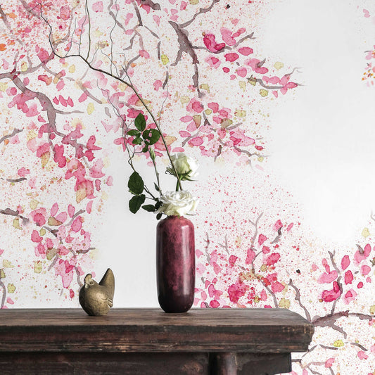 Spring Cherry Blossom Wallpaper | Watercolour Wall Mural | Floral Mural | Wall Murals | Peel and Stick or Traditional