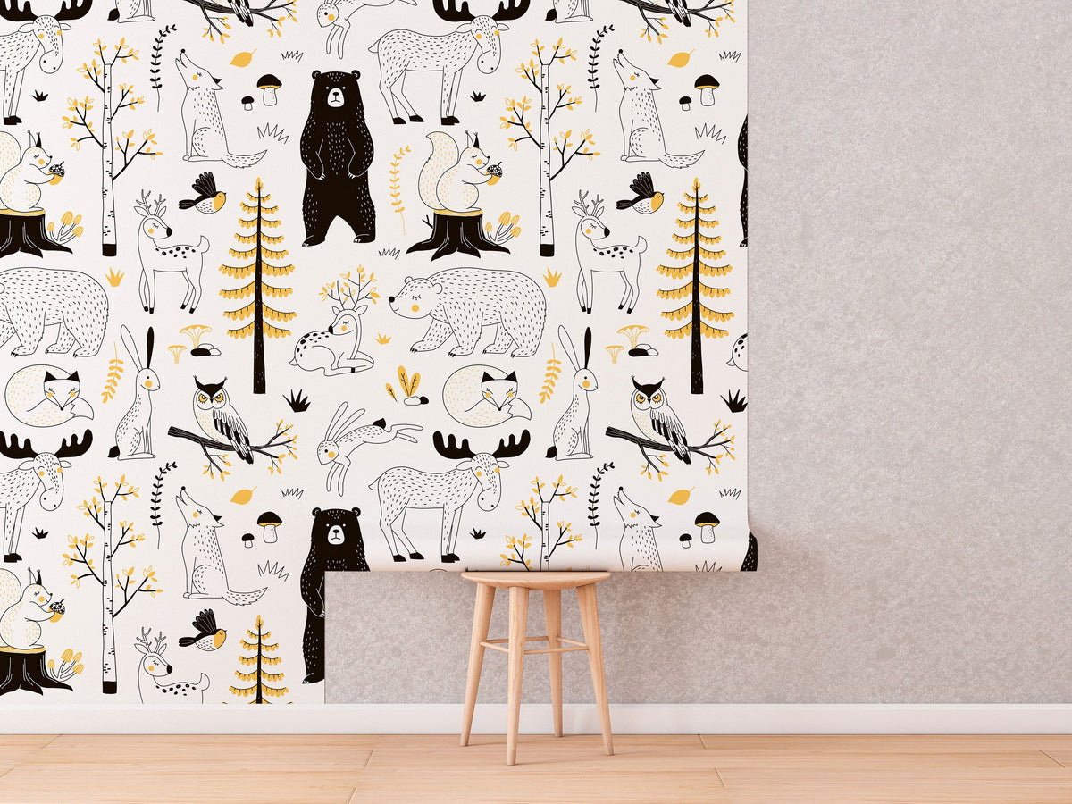 Watercolour Forest Wallpaper | Woodland Animal Wallpaper | Kids Wallpaper | Peel and Stick or Traditional