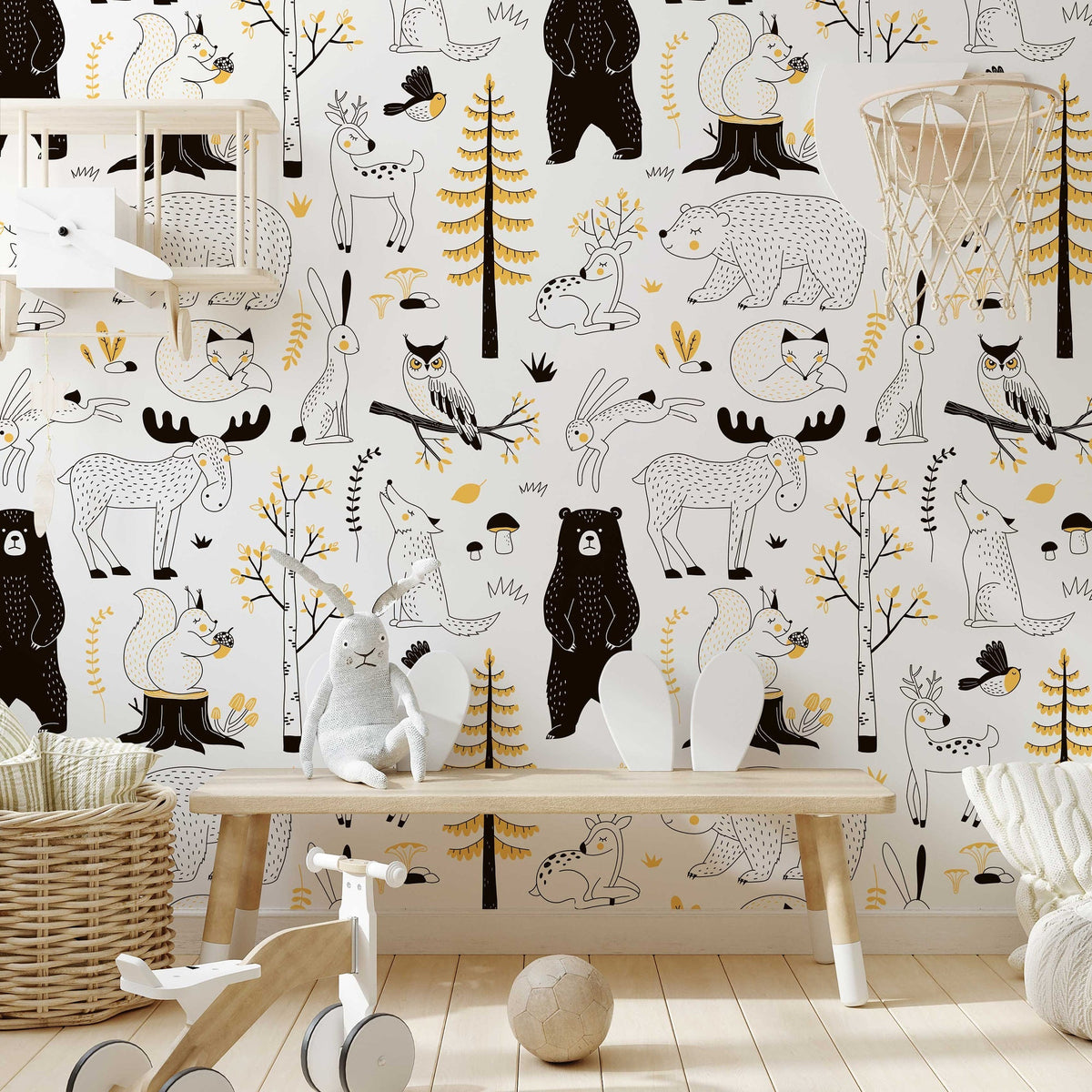 Watercolour Forest Wallpaper | Woodland Animal Wallpaper | Kids Wallpaper | Peel and Stick or Traditional