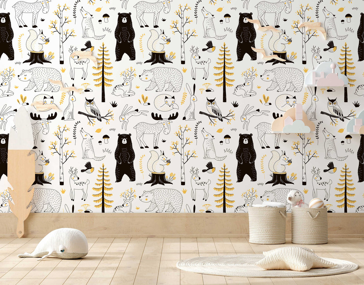 Watercolour Forest Wallpaper | Woodland Animal Wallpaper | Kids Wallpaper | Peel and Stick or Traditional