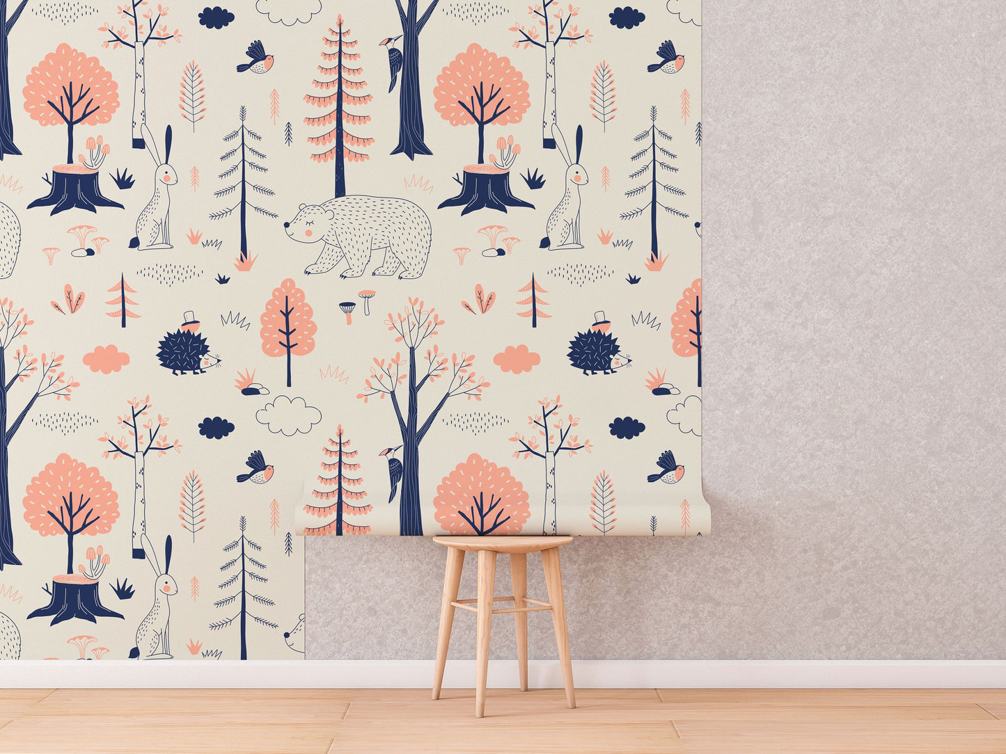 Woodland Animals Kids Room Wallpaper | Forest Nursery Wall Mural | Rabbit Wallpaper Watercolour Wall Décor Nursery