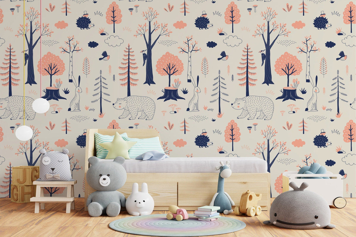 Woodland Animals Kids Room Wallpaper | Forest Nursery Wall Mural | Rabbit Wallpaper Watercolour Wall Décor Nursery | Peel and Stick or Traditional