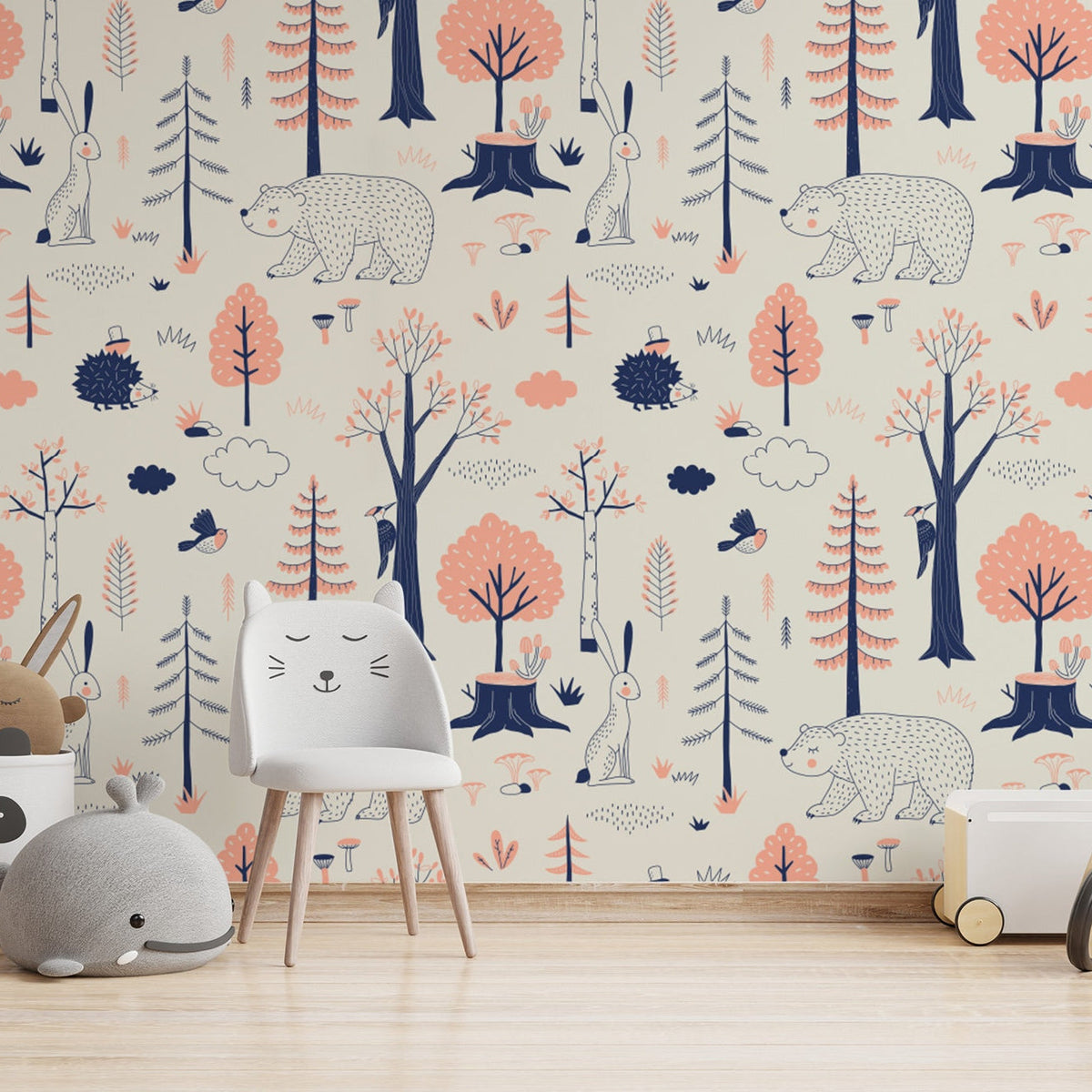 Woodland Animals Kids Room Wallpaper | Forest Nursery Wall Mural | Rabbit Wallpaper Watercolour Wall Décor Nursery | Peel and Stick or Traditional