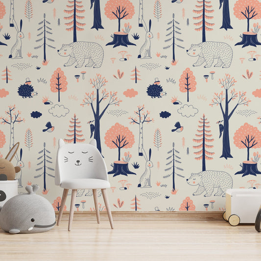 Woodland Animals Kids Room Wallpaper | Forest Nursery Wall Mural | Rabbit Wallpaper Watercolour Wall Décor Nursery | Peel and Stick or Traditional