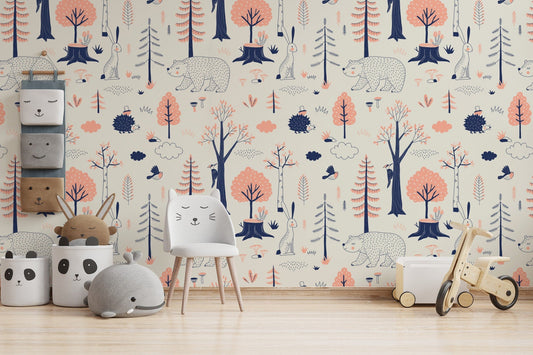 Woodland Animals Kids Room Wallpaper | Forest Nursery Wall Mural | Rabbit Wallpaper Watercolour Wall Décor Nursery | Peel and Stick or Traditional