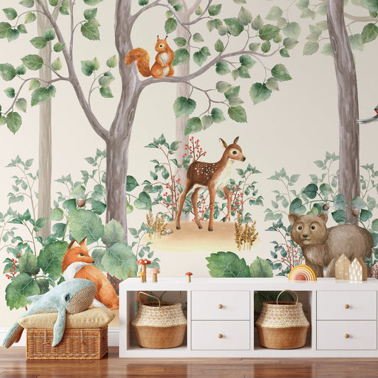 Kids Wallpaper | Kids Watercolour Forest Wall Mural | Peel and Stick or Traditional