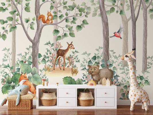 Kids Wallpaper | Kids Watercolour Forest Wall Mural | Peel and Stick or Traditional
