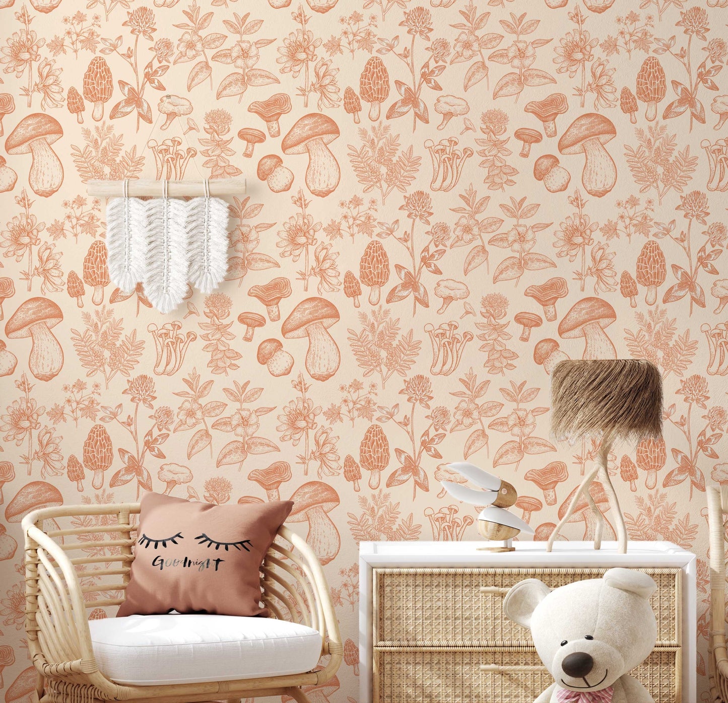 Mushroom Wallpaper | Orange Wallpaper | Mid Century Modern Wallpaper | Kids Mushroom Peel and Stick Wallpaper | Vintage Wallpaper