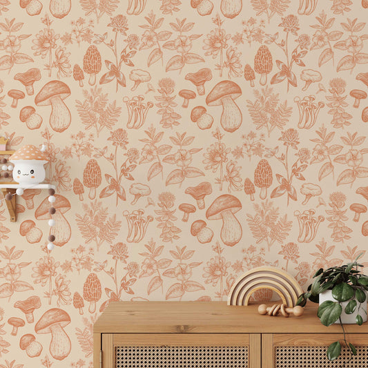 Mushroom Wallpaper | Orange Wallpaper | Mid Century Modern Wallpaper | Kids Mushroom Peel and Stick Wallpaper | Vintage Wallpaper