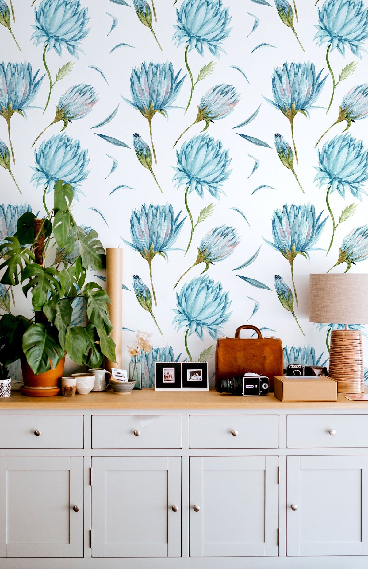 Blue Flowers Wallpaper | Green Leaves Nature Wall Art | Light Wallpaper | Home Decor | Peel and Stick or Traditional