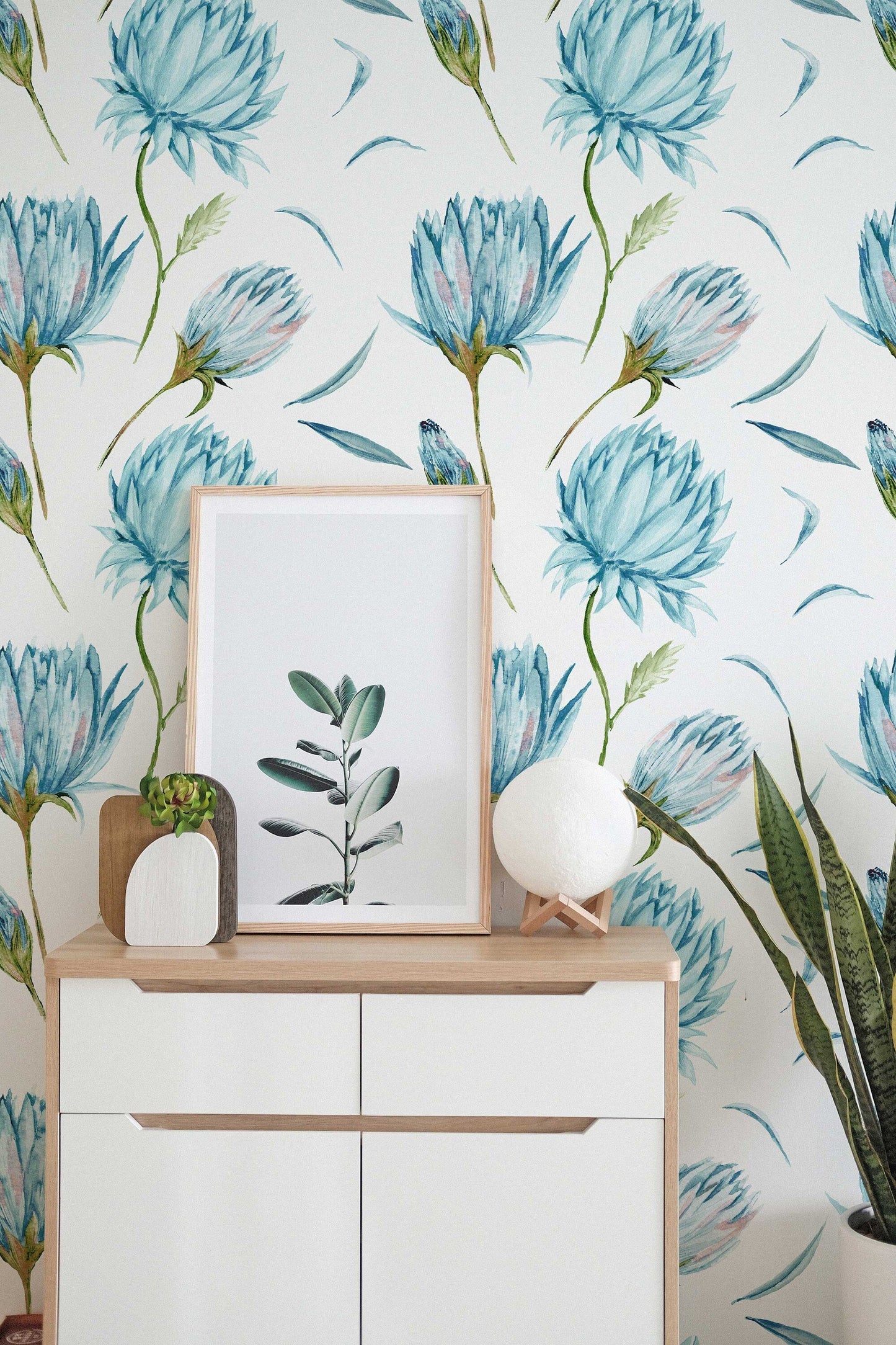 Blue Flowers Wallpaper | Green Leaves Nature Wall Art | Removable Wallpaper | Peel and Stick Wallpaper | Light Wallpaper | Home Decor