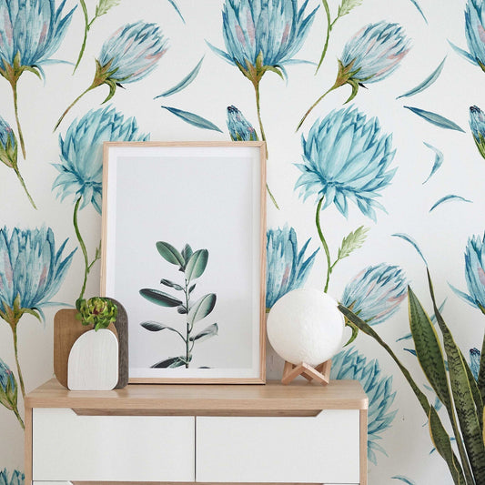 Blue Flowers Wallpaper | Green Leaves Nature Wall Art | Light Wallpaper | Home Decor | Peel and Stick or Traditional