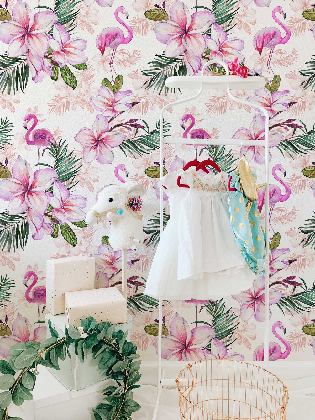 Pink Flamingo Floral Wallpaper | Pink Nursery Wallpaper | Baby Girl Blushing Pink Flamingo & Floral Décor | Peel and Stick or Traditional