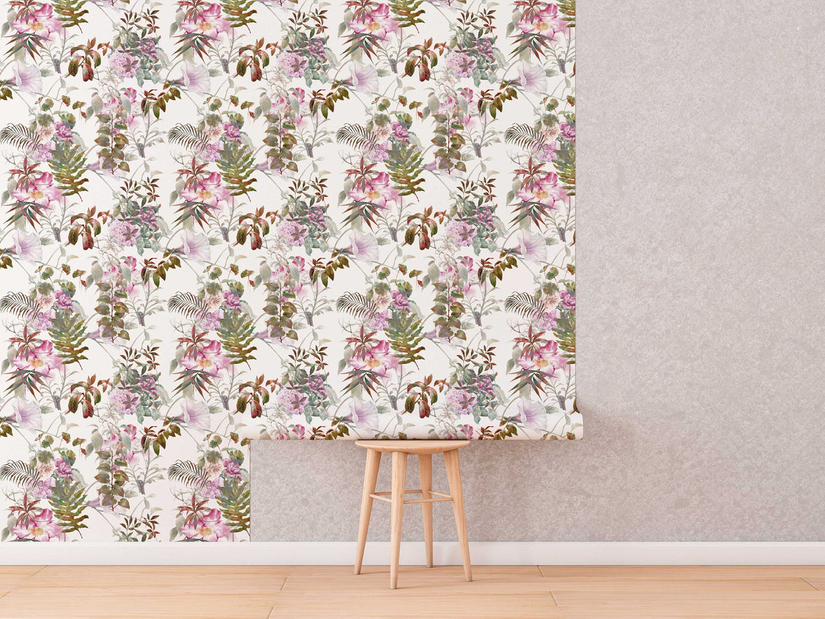 Tropical Floral Wallpaper | Pink Tropical Flowers and Leaves | Tropical Print Wallpaper | Peel and Stick or Traditional