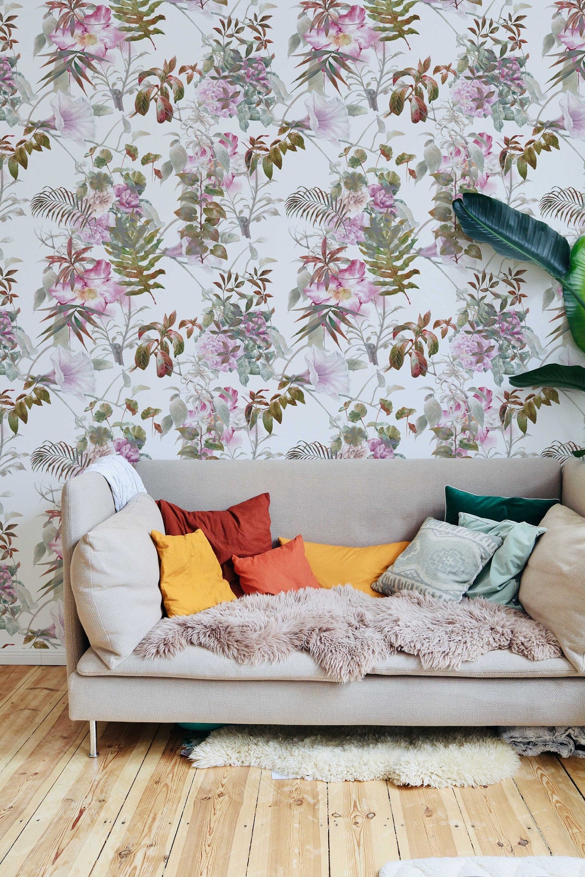 Tropical Floral Wallpaper | Pink Tropical Flowers and Leaves | Tropical Print Wallpaper | Peel and Stick or Traditional