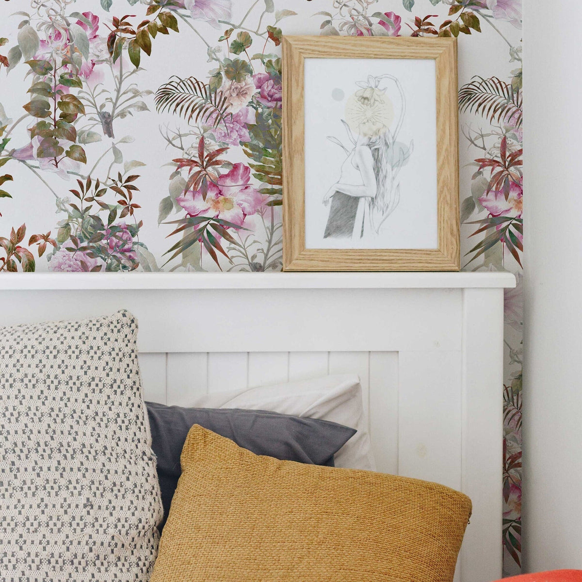 Tropical Floral Wallpaper | Pink Tropical Flowers and Leaves | Tropical Print Wallpaper | Peel and Stick or Traditional