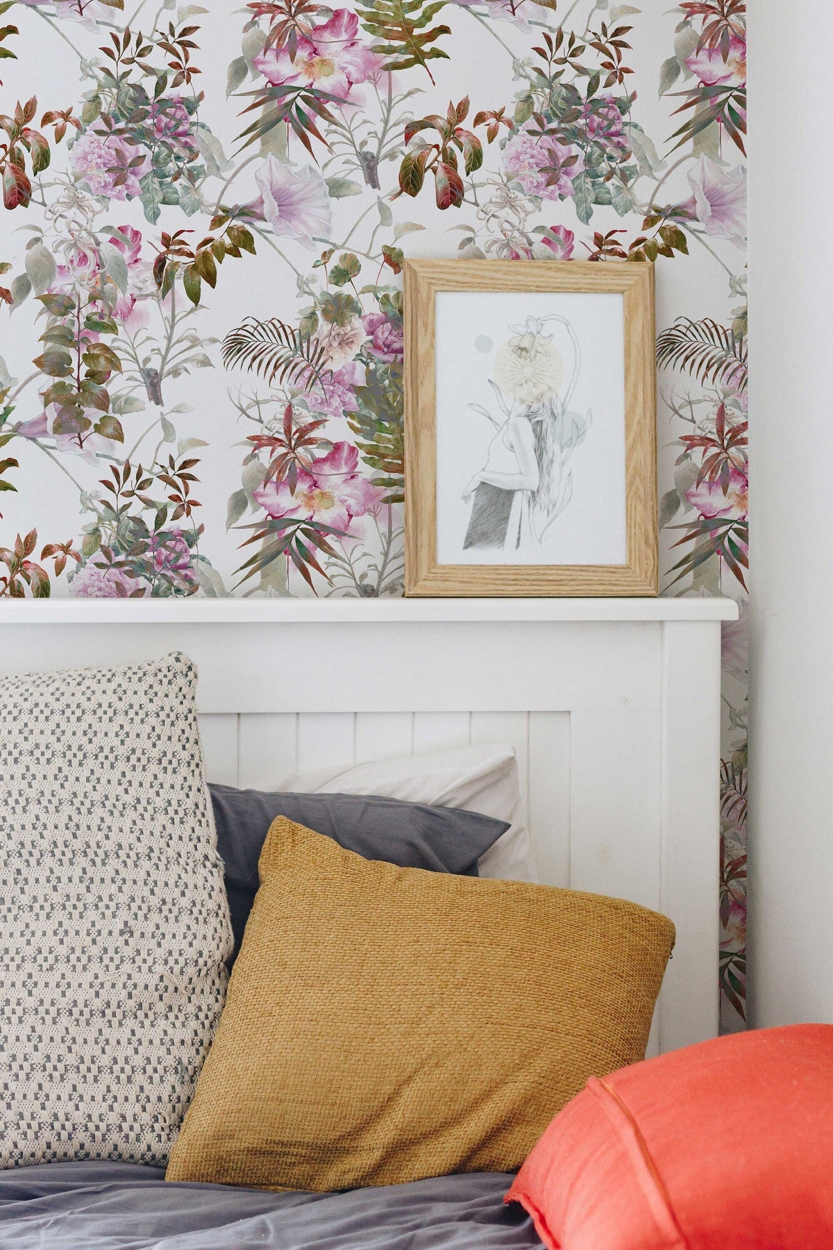Tropical Floral Wallpaper | Pink Tropical Flowers and Leaves | Tropical Print Wallpaper | Peel and Stick or Traditional