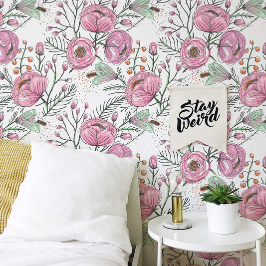 Purple Floral Wallpaper | Watercolour Flower Mural | Poppy Wallpaper | Peel and Stick or Traditional