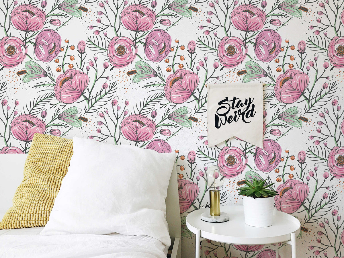 Purple Floral Wallpaper | Watercolour Flower Mural | Poppy Wallpaper | Peel and Stick or Traditional
