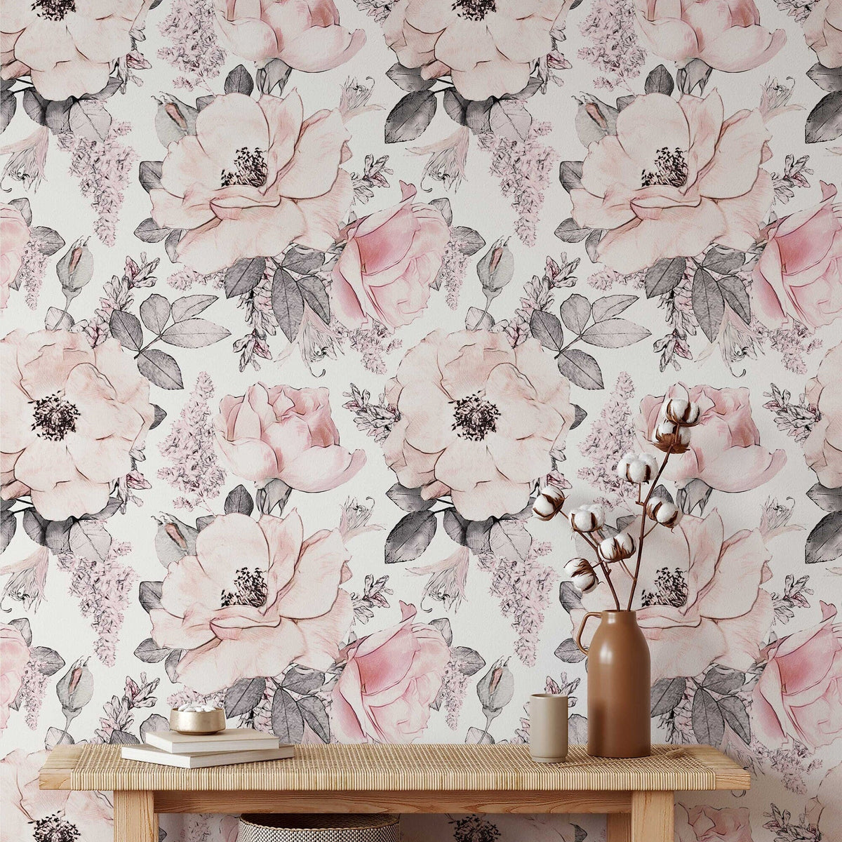 Soft Pink Abstract Roses Wallpaper | Floral Wallpaper | Watercolour Wallpaper | Flower Wallpaper Mural | Peel and Stick or Traditional