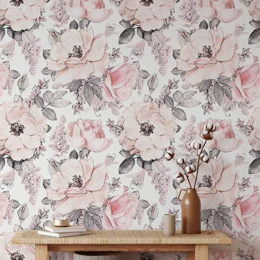 Soft Pink Abstract Roses Wallpaper | Floral Wallpaper | Watercolour Wallpaper | Flower Wallpaper Mural | Peel and Stick or Traditional