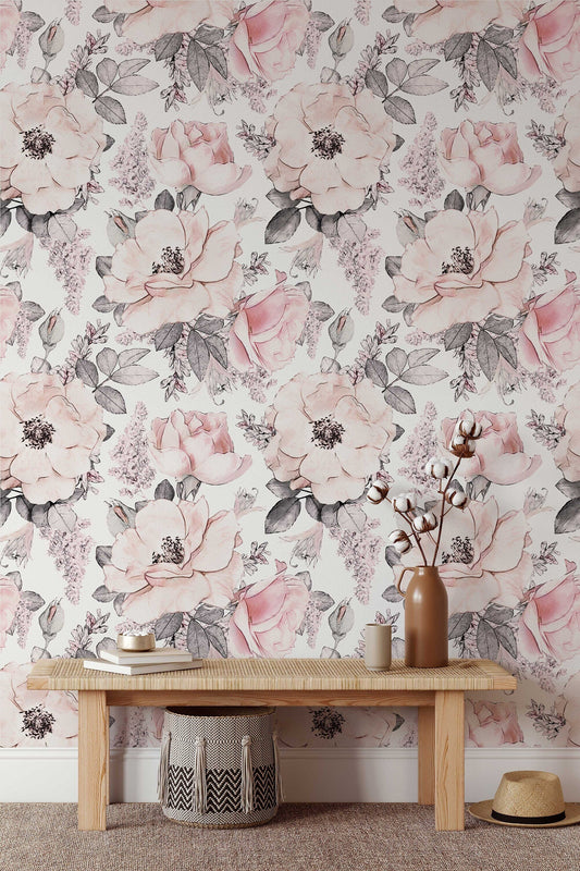 Soft Pink Abstract Roses Wallpaper | Floral Wallpaper | Watercolour Wallpaper | Flower Wallpaper Mural | Peel and Stick or Traditional