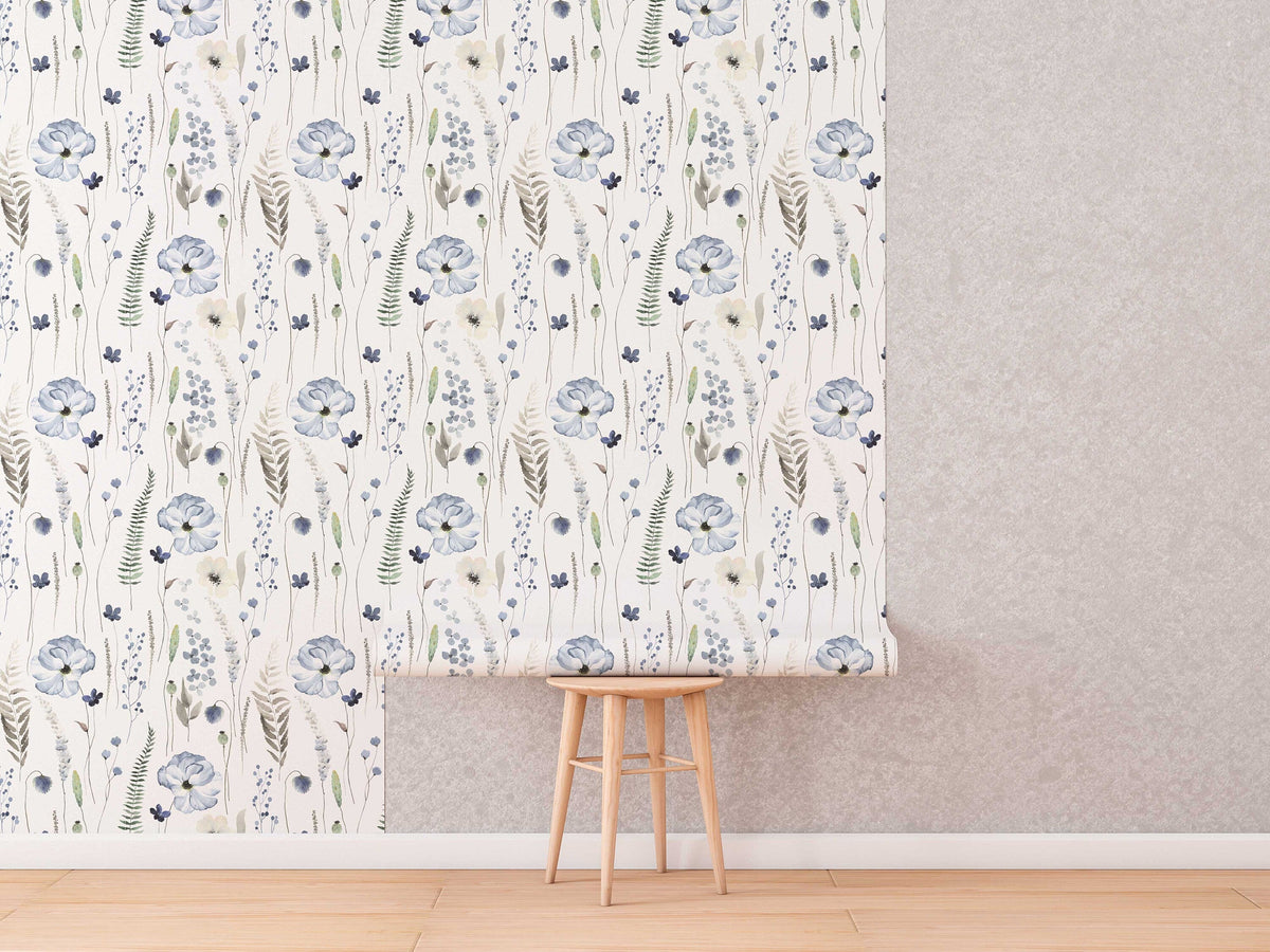 Blue Floral | Whispering Steel Blue Floral Wallpaper | Peel and Stick or Traditional