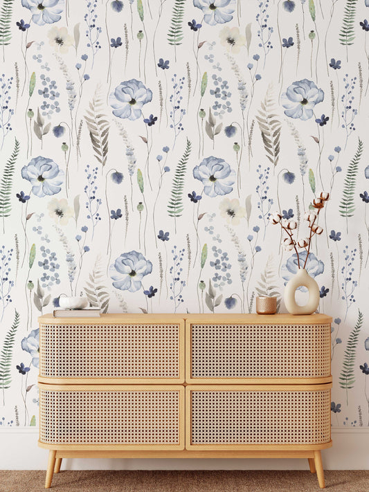 Blue Floral | Whispering Steal Blue Floral Wallpaper | Removable Peel & Stick Self-Adhesive Wallpaper
