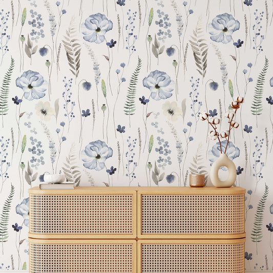 Blue Floral | Whispering Steel Blue Floral Wallpaper | Peel and Stick or Traditional