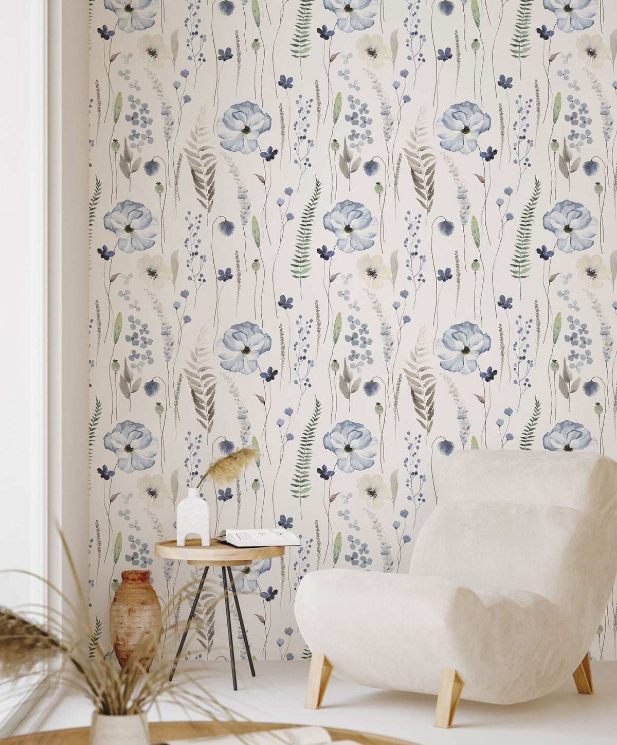 Blue Floral | Whispering Steel Blue Floral Wallpaper | Peel and Stick or Traditional