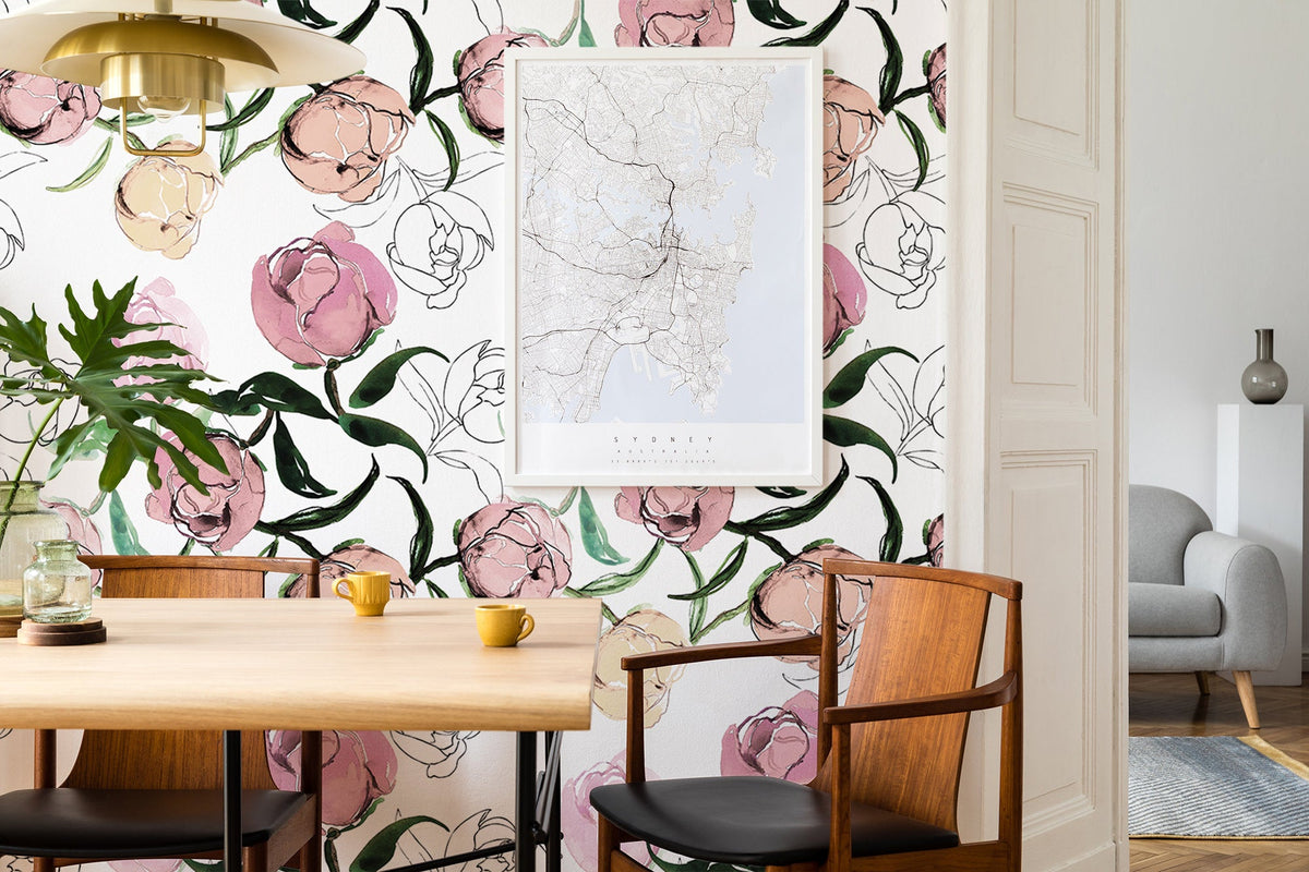 Blooming Peonies Wall Art | Pale Wallpaper | Peony Blush Bouquet | Floral Wall Mural | Painting Wall Sticker | Floral Decal Flower | Peel and Stick or Traditional