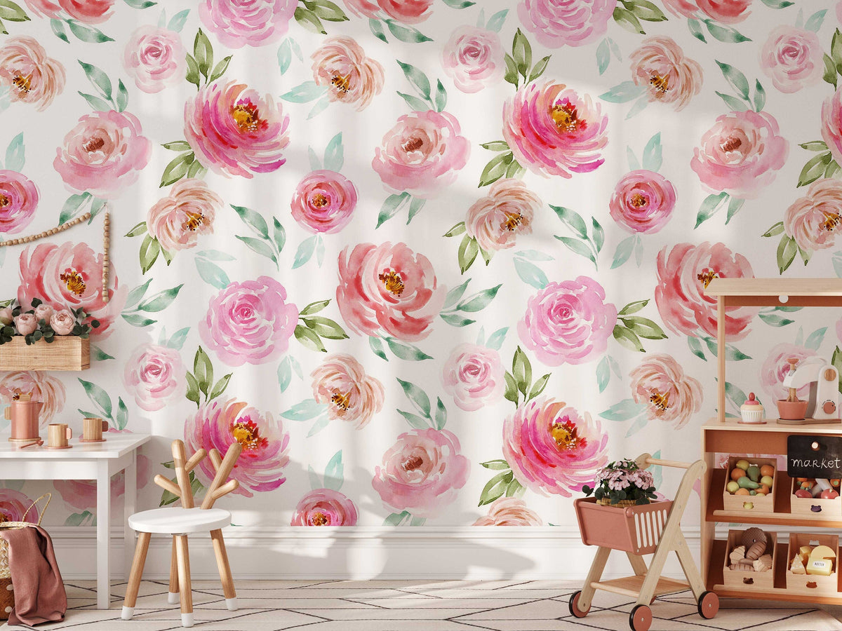 Soft Pink Roses Wallpaper | Floral Wallpaper | Watercolour Wallpaper | Flower Wallpaper Mural | Peel and Stick or Traditional