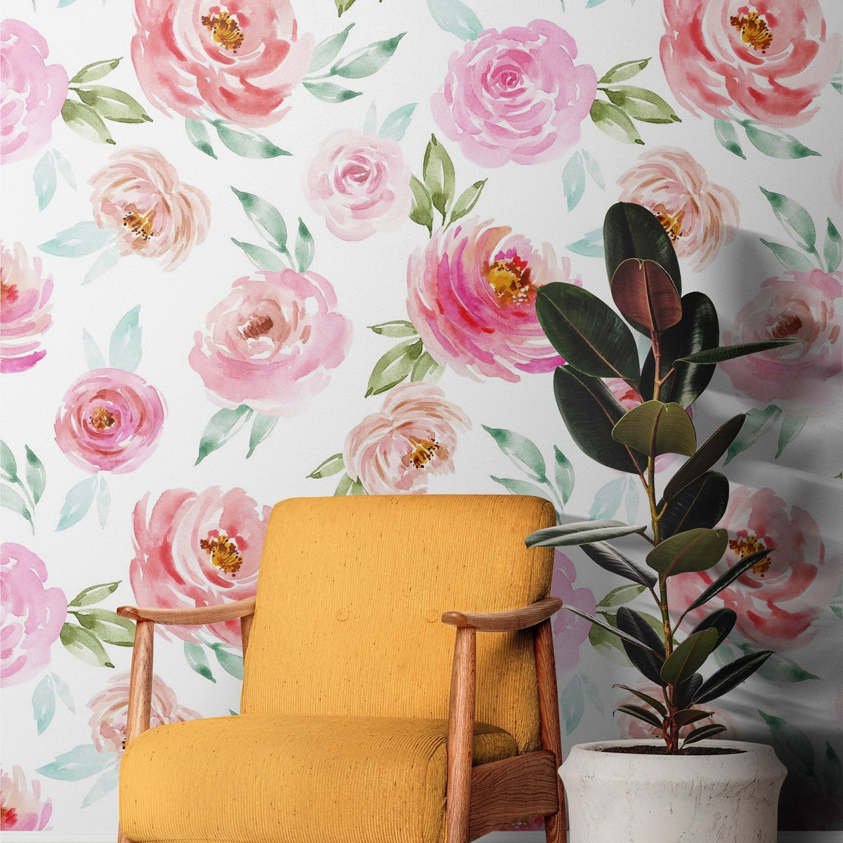 Soft Pink Roses Wallpaper | Floral Wallpaper | Watercolour Wallpaper | Flower Wallpaper Mural | Peel and Stick or Traditional