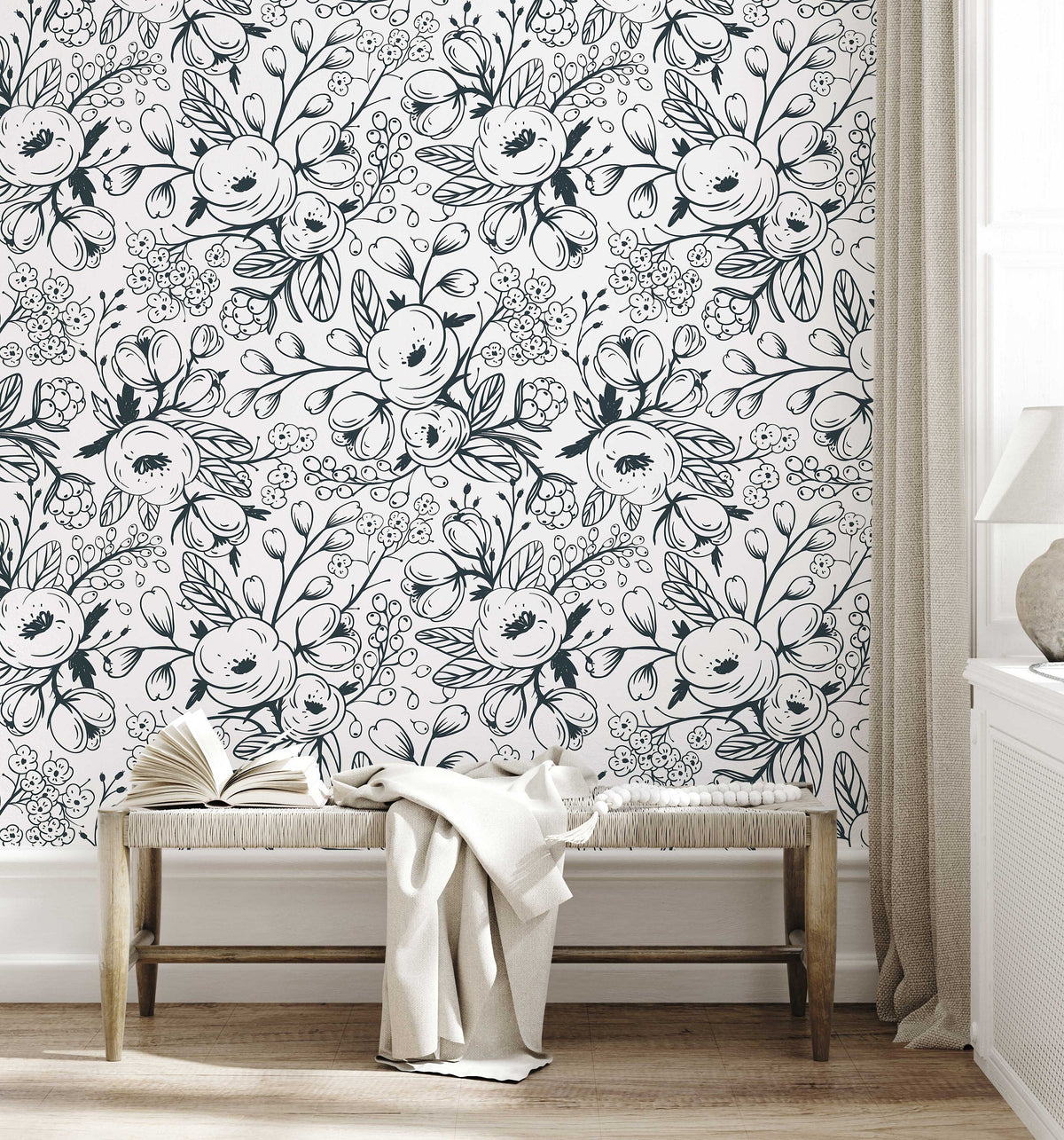 Black and White Spring Floral Wallpaper | Nursery Wall | Mural | Removable Wallpaper | Children Wall | Art | Meadow | Doddle