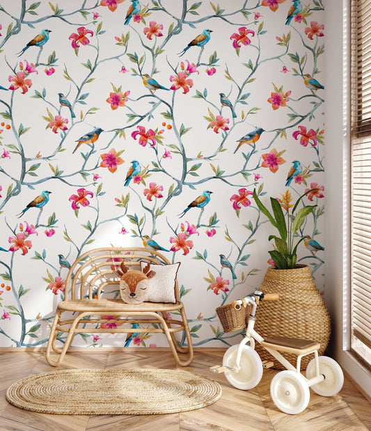 Floral Hummingbird Peel and Stick Wallpaper | Floral Wallpaper | Hummingbird Wallpaper | Vintage Look Wallpaper | Floral Home Decor
