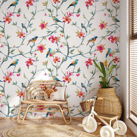 Floral Hummingbird Wallpaper | Floral Wallpaper | Hummingbird Wallpaper | Vintage Look Wallpaper | Floral Home Decor | Peel and Stick or Traditional