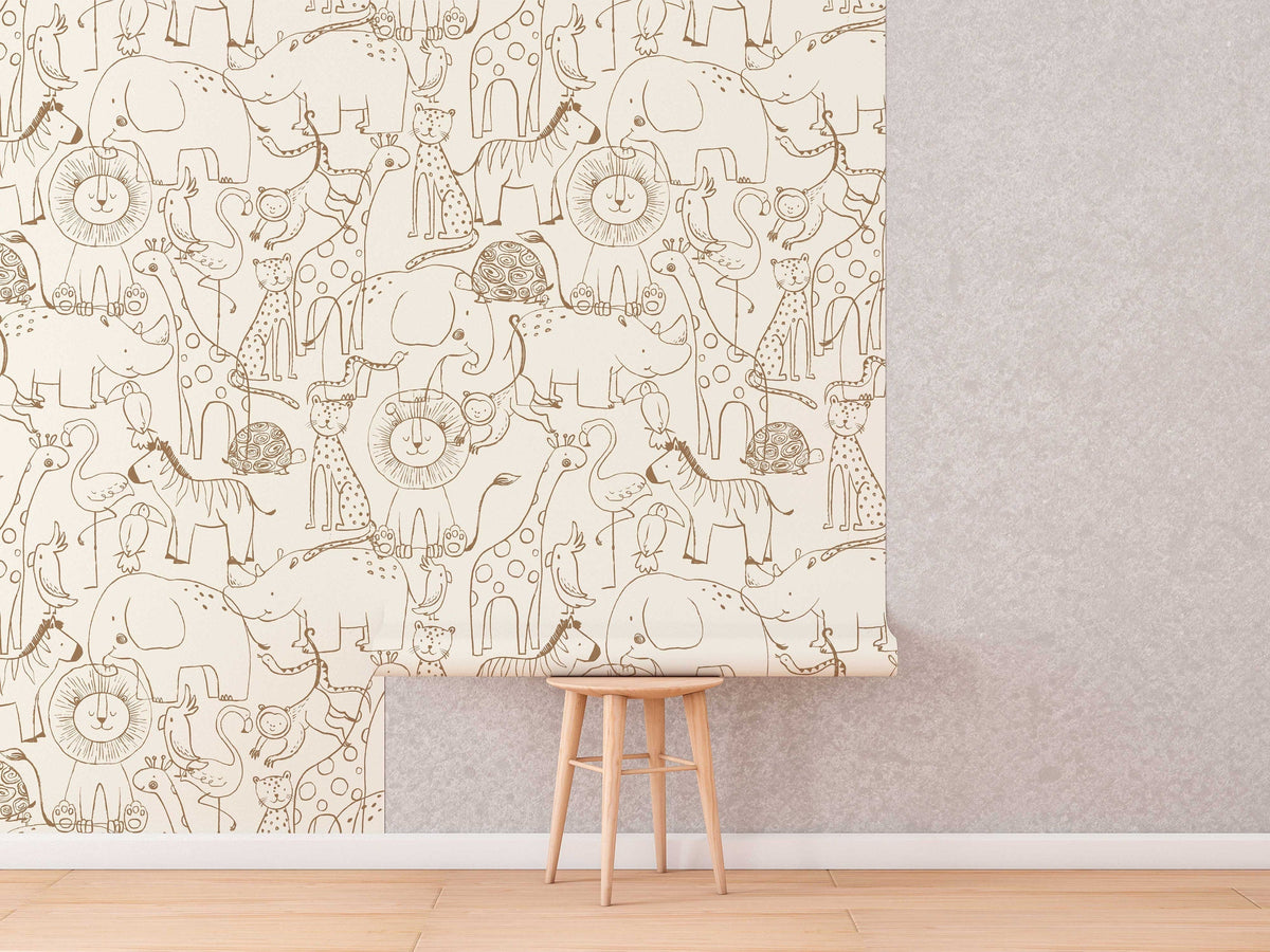 Cute Hand Drawing Safari Animals Wallpaper | Brown Line Drawing Kids Wall Mural | Nursery Cartoon Animals Wallpaper | Peel and Stick or Traditional