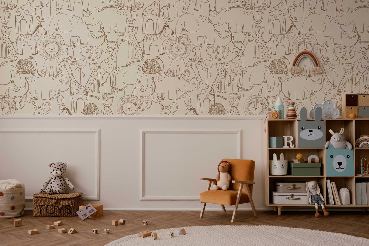 Cute Hand Drawing Safari Animals Wallpaper | Brown Line Drawing Kids Wall Mural | Nursery Cartoon Animals Wallpaper | Peel and Stick or Traditional