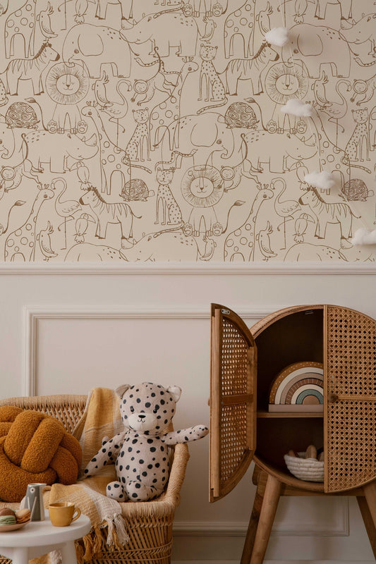 Cute Hand Drawing Safari Animals Wallpaper | Brown Line Drawing Kids Wall Mural | Nursery Cartoon Animals Wallpaper | Peel and Stick or Traditional