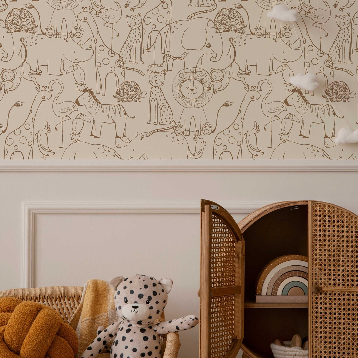 Cute Hand Drawing Safari Animals Wallpaper | Brown Line Drawing Kids Wall Mural | Nursery Cartoon Animals Wallpaper | Peel and Stick or Traditional