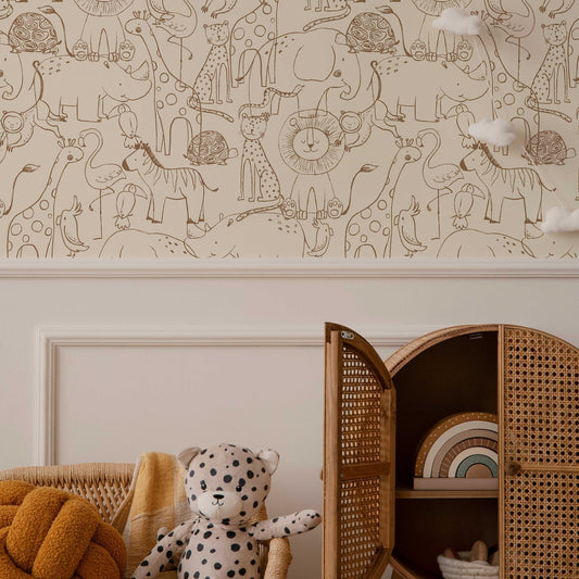 Cute Hand Drawing Safari Animals Wallpaper | Brown Line Drawing Kids Wall Mural | Nursery Cartoon Animals Wallpaper | Peel and Stick or Traditional